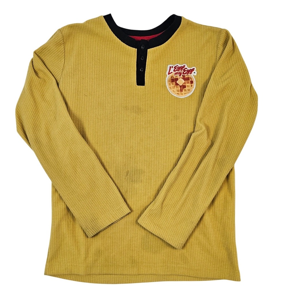 vintage Kelloggs Eggo Waffle‎ Henley Boys Large 10/12 Yellow Long Sleeve Thermal
